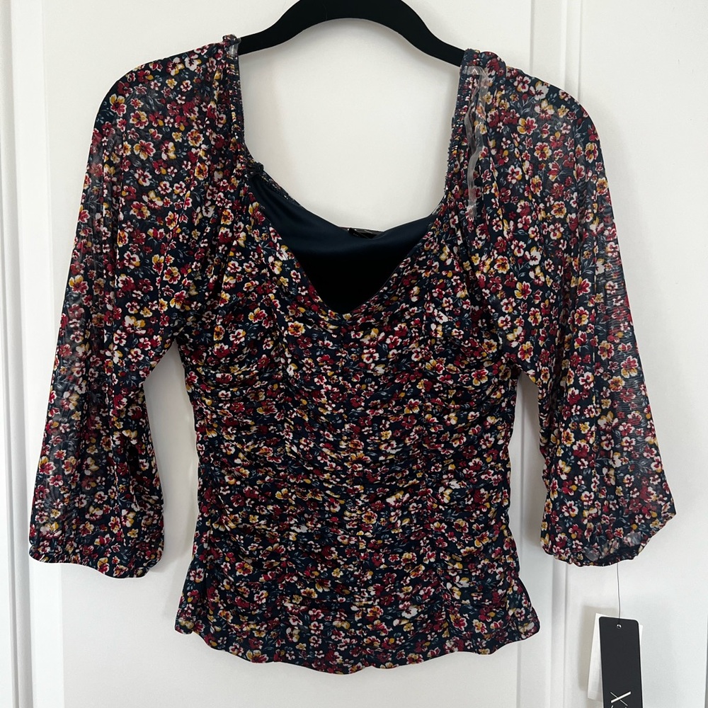 BCX floral sheer sleeve top with sweetheart style tol